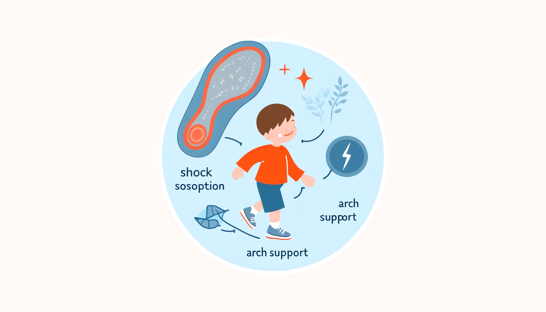 Simple illustration showing benefits of gel insoles for pediatric posture, focusing on shock absorption, arch support, and comfort.