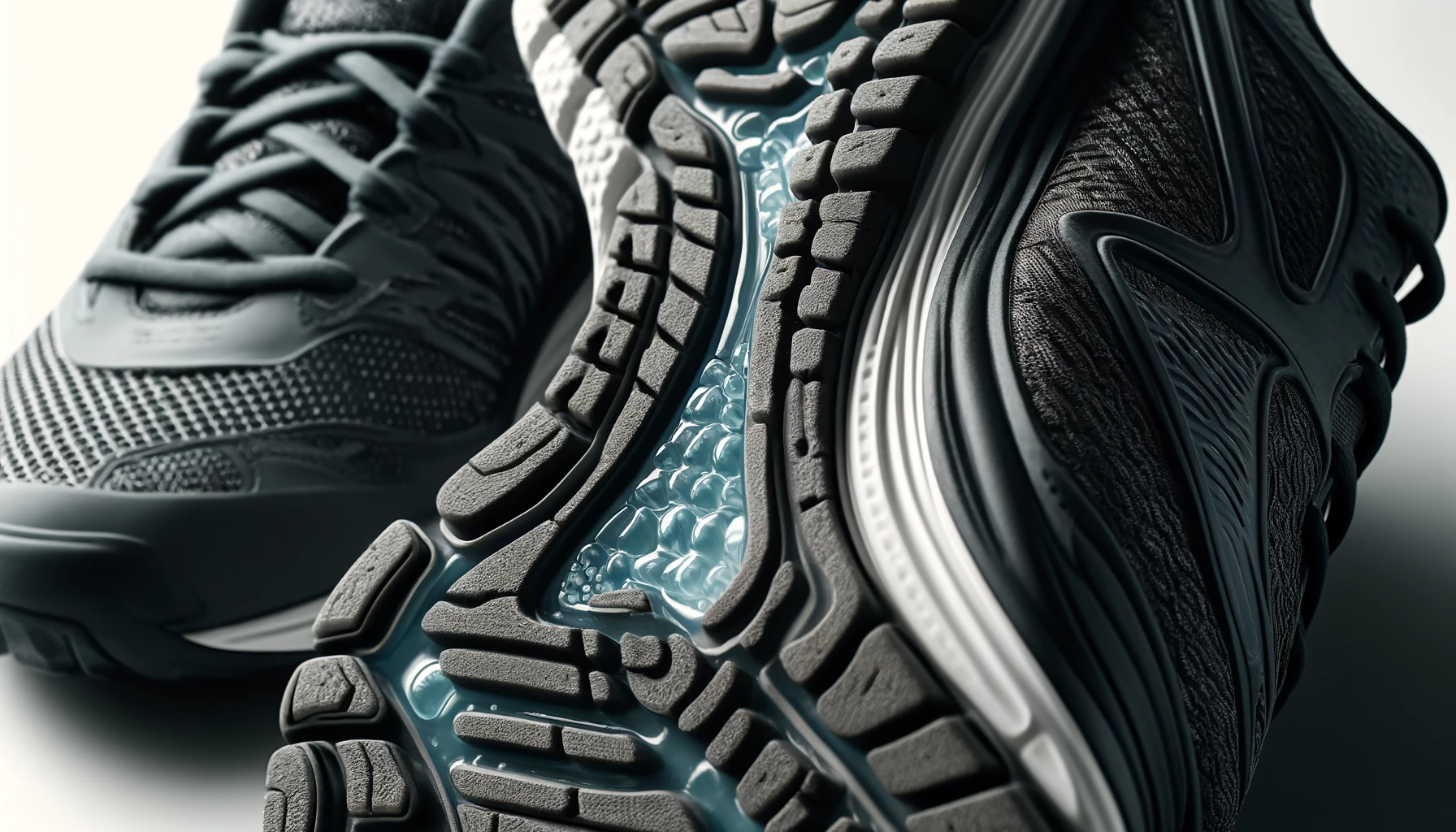 Gros plan sur des chaussures de sport avec des semelles en gel, mettant en lumière leur texture et leur capacité d'absorption des chocs.