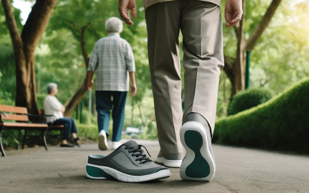 Un couple de personnes âgées marchant dans un parc, avec des semelles gel visibles dans leurs chaussures, mettant en évidence la stabilité et le soutien qu'elles fournissent. Le parc est luxuriant avec de la verdure et des arbres, créant un cadre serein. Le couple semble stable et confiant, illustrant comment les semelles gel contribuent à maintenir un style de vie sain et actif chez les seniors.