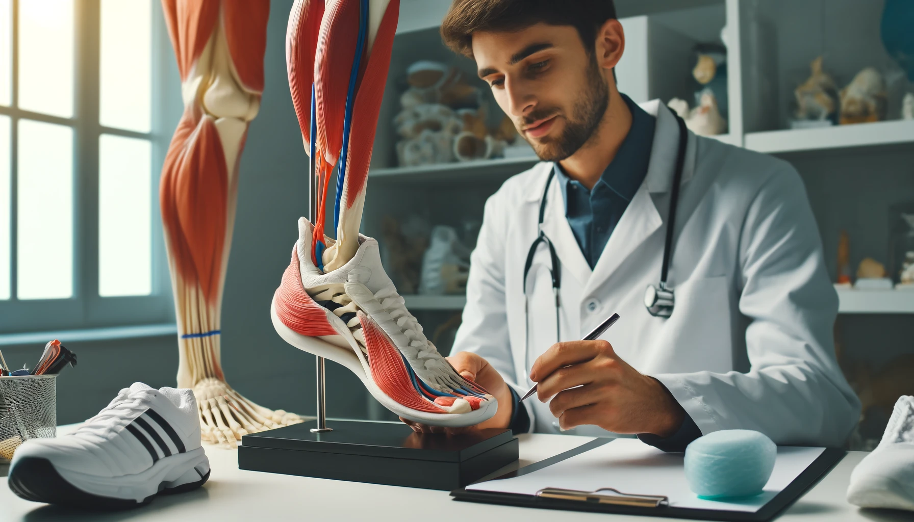 Orthopédiste sportif examinant un modèle anatomique du pied avec des semelles en gel à proximité.