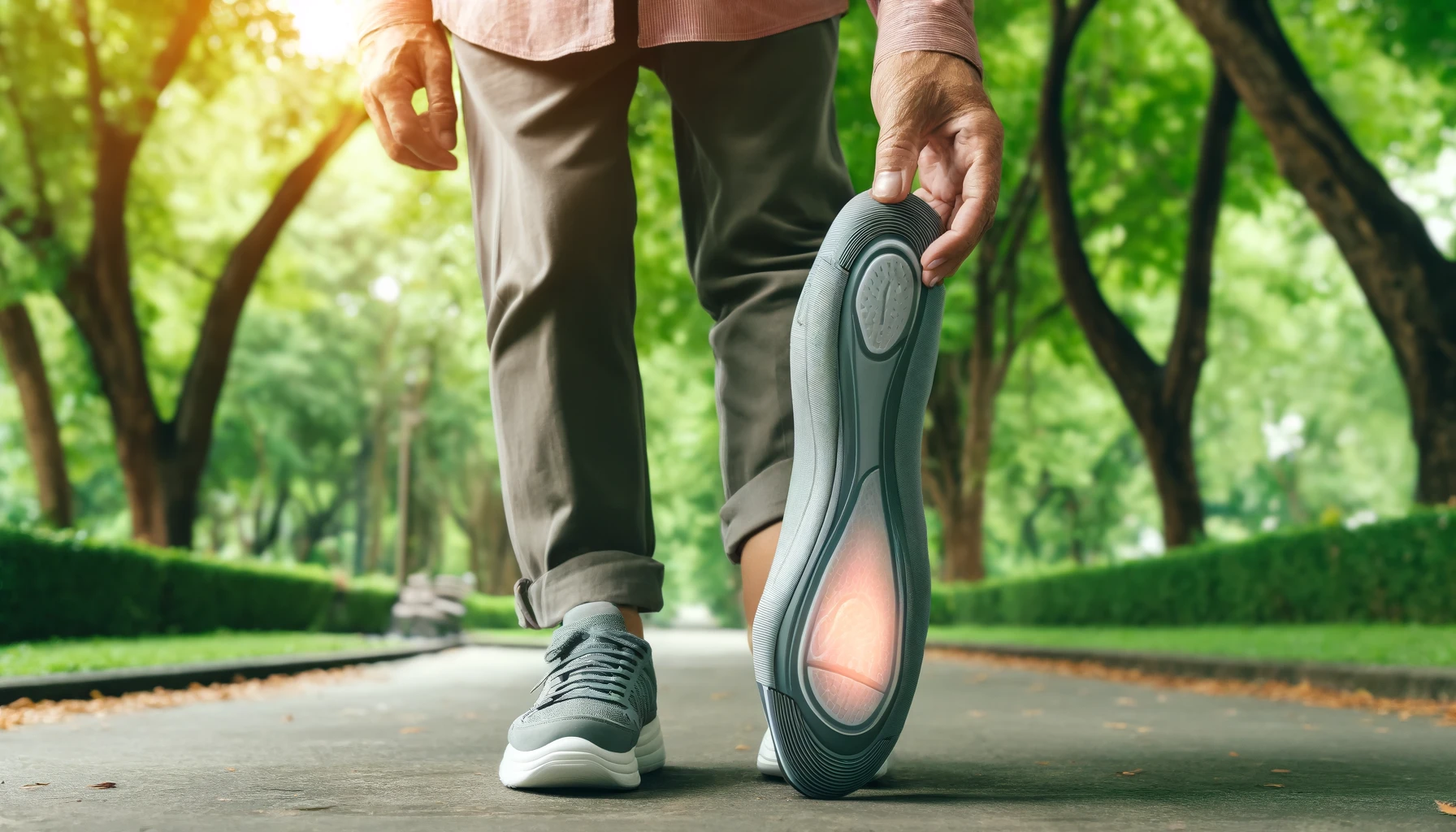 Personne âgée marchant dans un parc avec des semelles gel visibles dans ses chaussures, illustrant le soutien et la stabilité fournis par ces semelles.